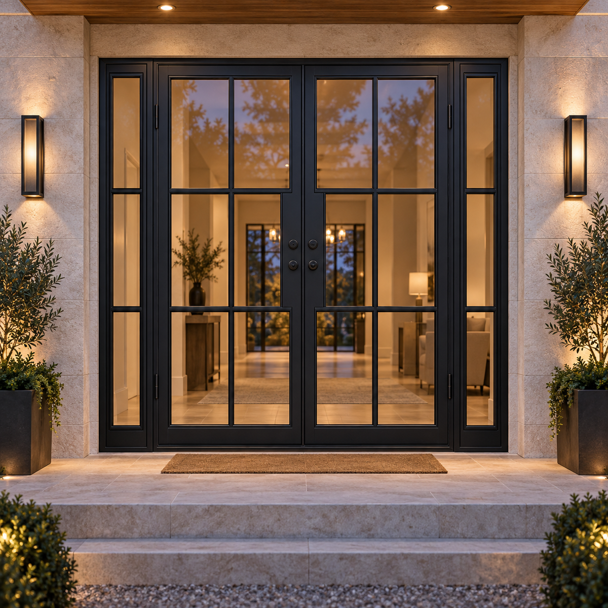 Lite 6 Double + Sidelights thermally broken black steel door in a luxury evening entryway — lifestyle visualization