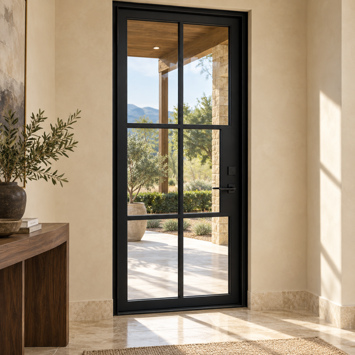 Lite 6 Single thermally broken black steel door in a luxury interior foyer — lifestyle visualization