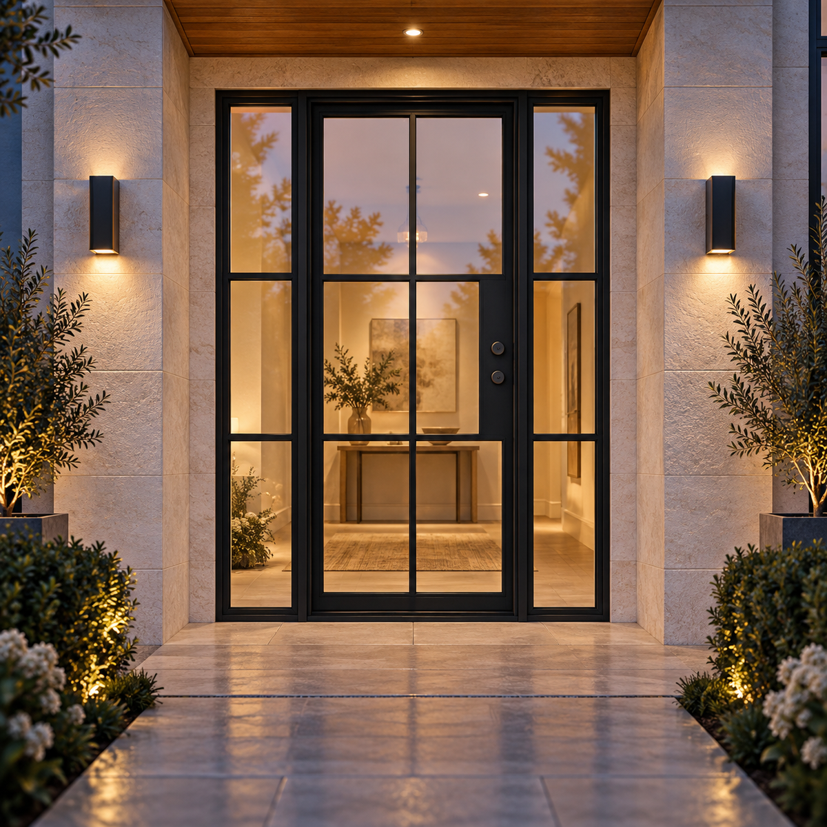 Lite 6 Single + Sidelights thermally broken black steel door in a luxury evening entryway — lifestyle visualization