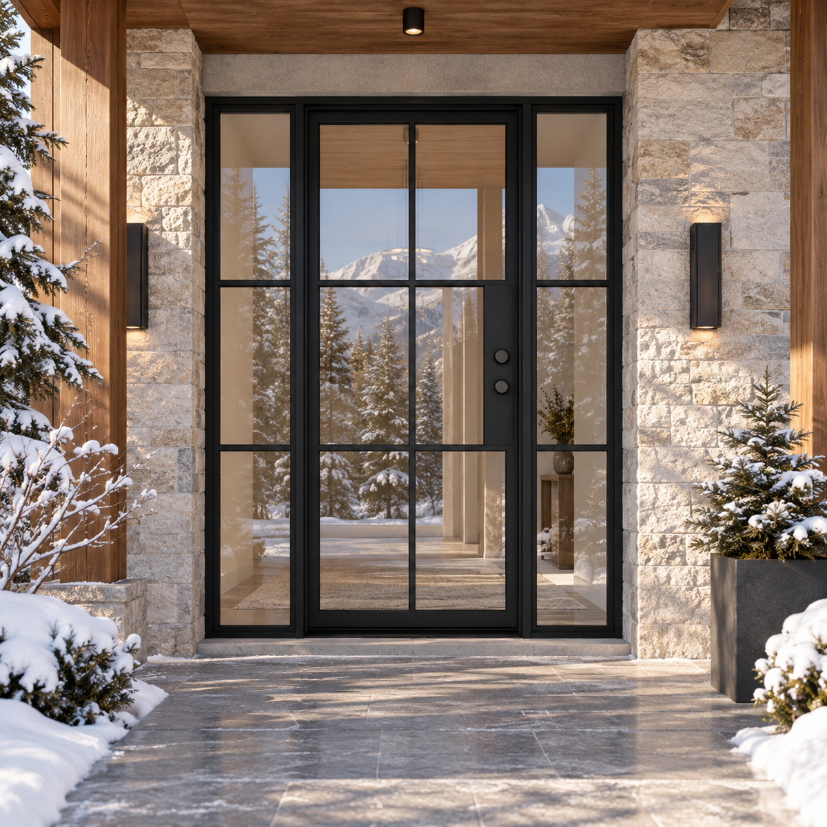Lite 6 Single + Sidelights thermally broken black steel door in a luxury winter mountain home — lifestyle visualization