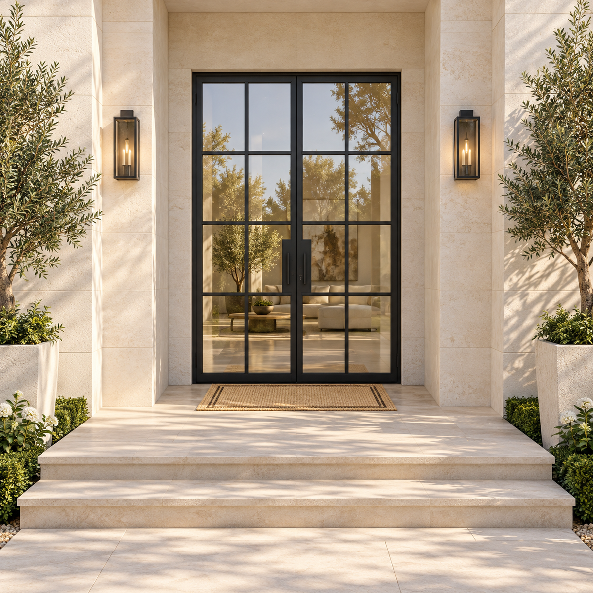 Lite 8 Double thermally broken black steel door in a luxury limestone exterior — lifestyle visualization
