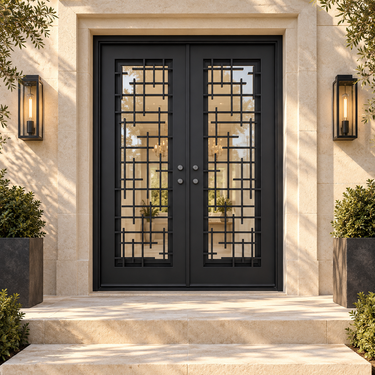 Florence Double thermally broken black steel door in a luxury limestone exterior — lifestyle visualization