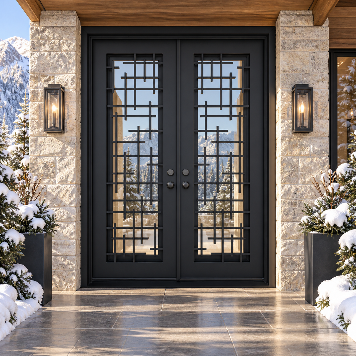 Florence Double thermally broken black steel door in a luxury winter mountain home — lifestyle visualization