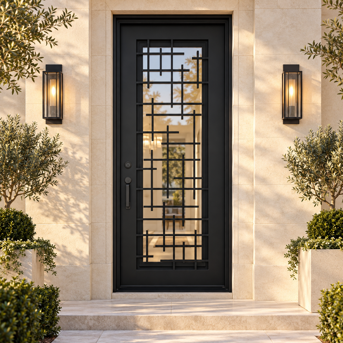 Florence Single thermally broken black steel door in a luxury limestone exterior — lifestyle visualization