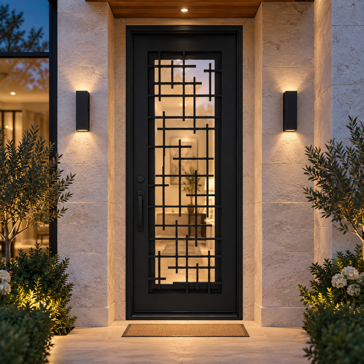Florence Single thermally broken black steel door in a luxury evening entryway — lifestyle visualization