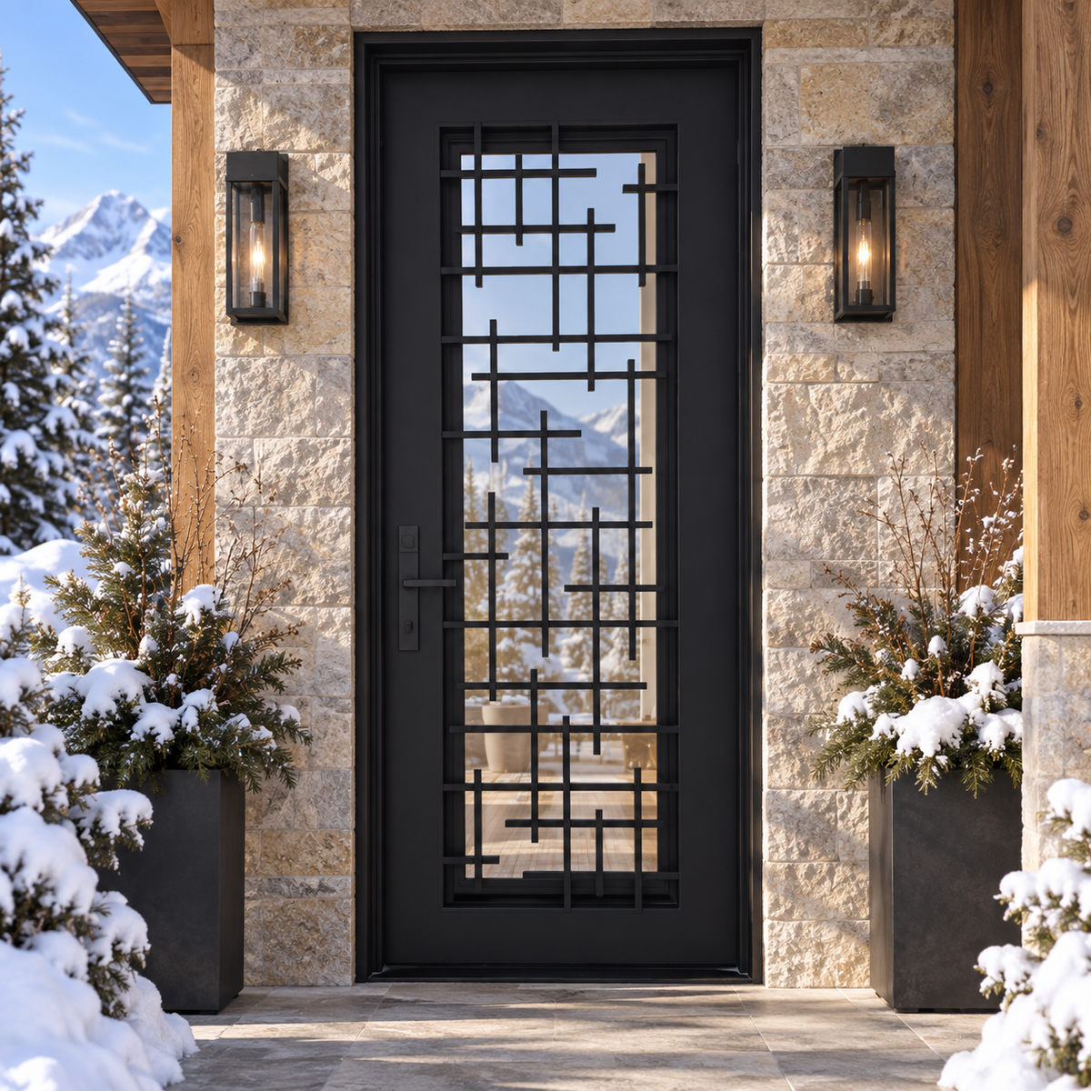 Florence Single thermally broken black steel door in a luxury winter mountain home — lifestyle visualization