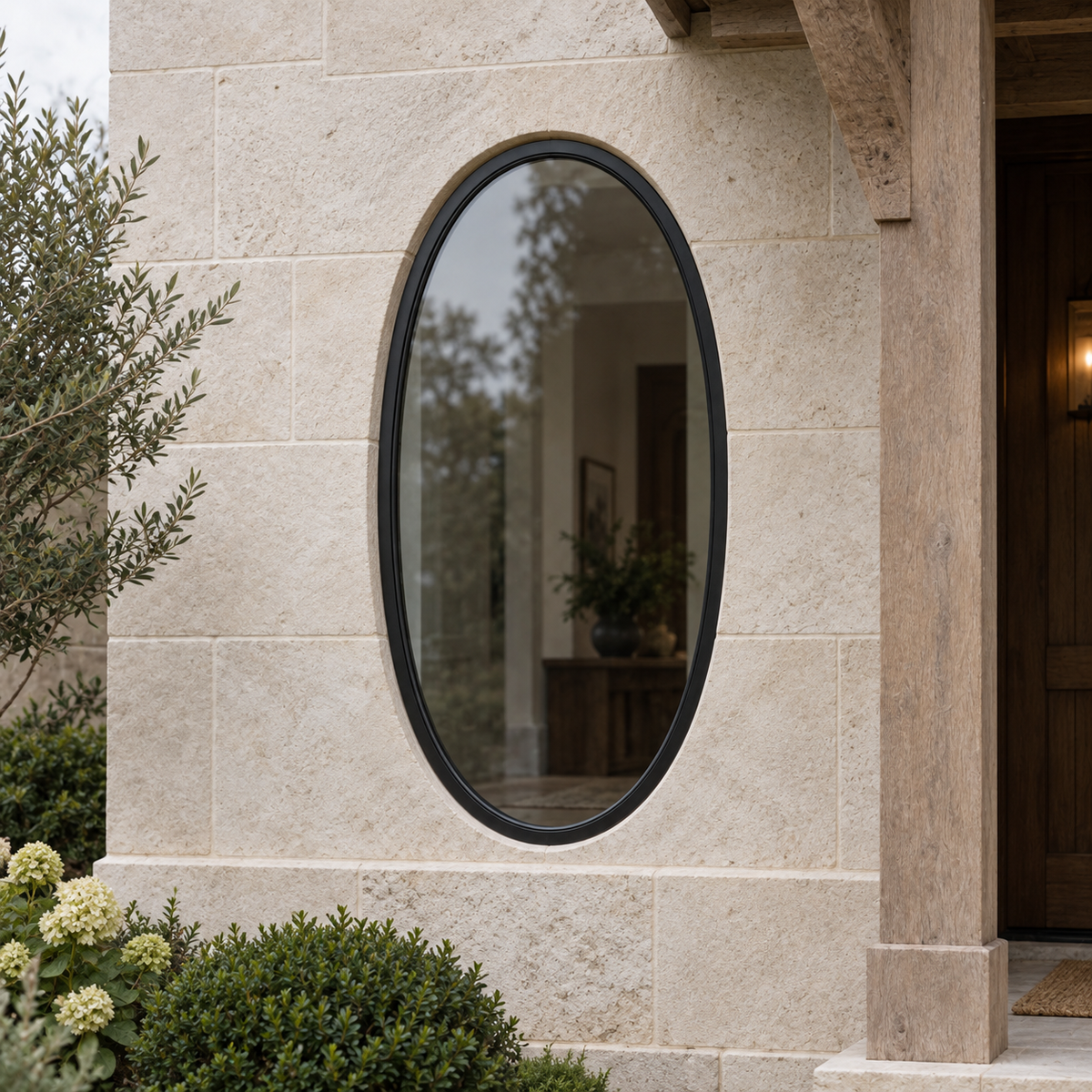 Oval fixed steel window — entry architectural visualization