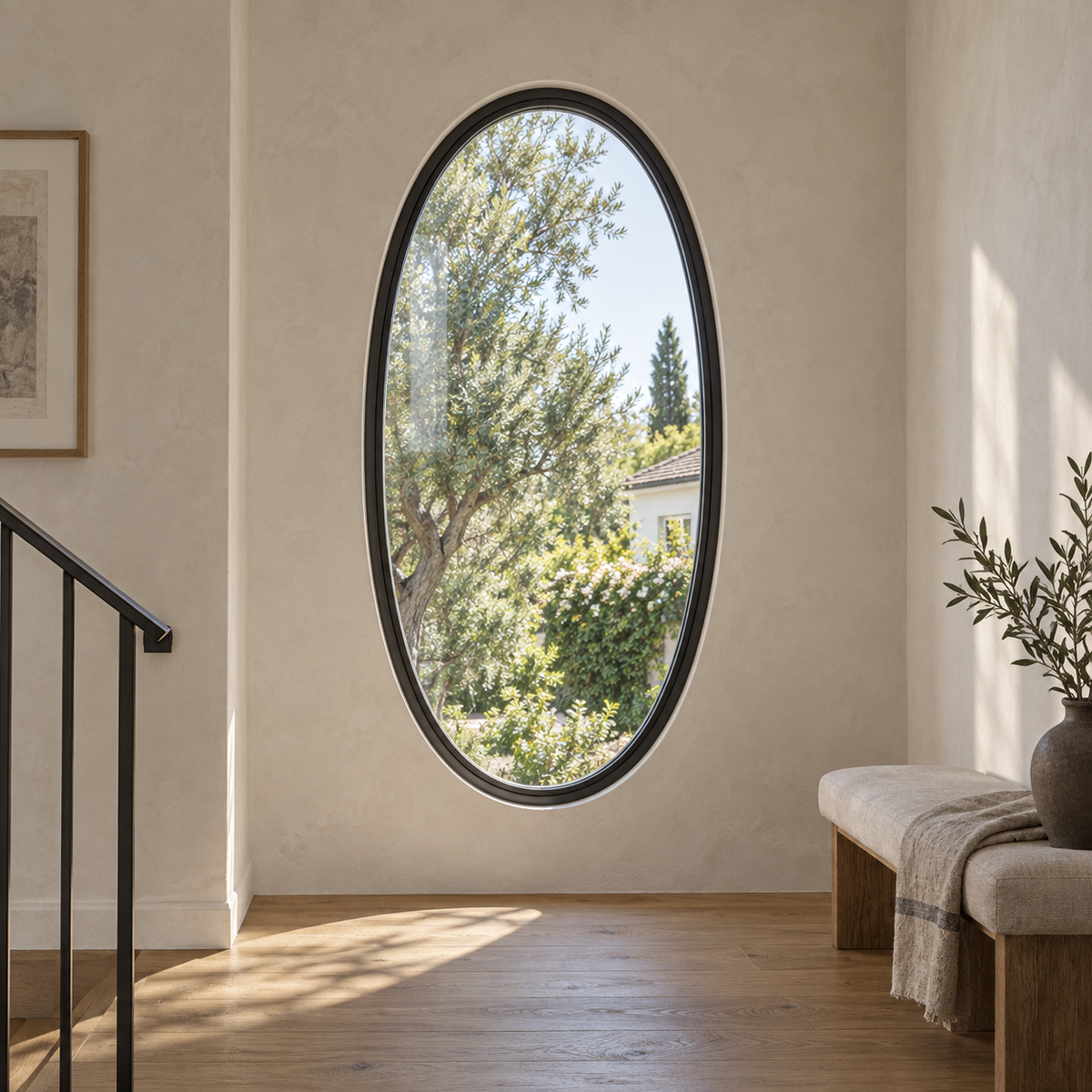 Oval fixed steel window — landing architectural visualization