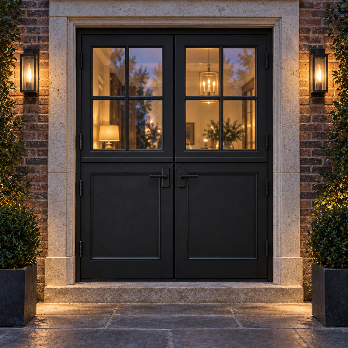 Paneled 4 Lite Double Dutch Steel Door — evening AI-generated design visualization