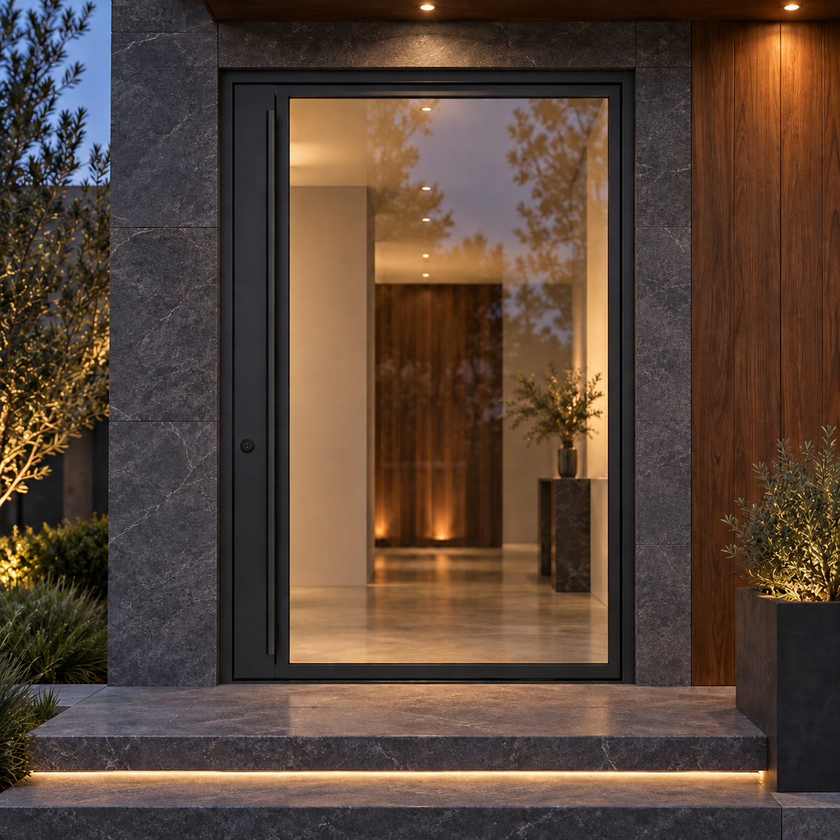 Air Lite Pivot - Flat Steel Door at a charcoal stone entrance at dusk — product visualization