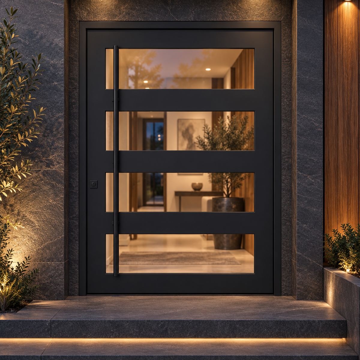 Knox Pivot - Flat Steel Door at a charcoal stone entrance at dusk — product visualization