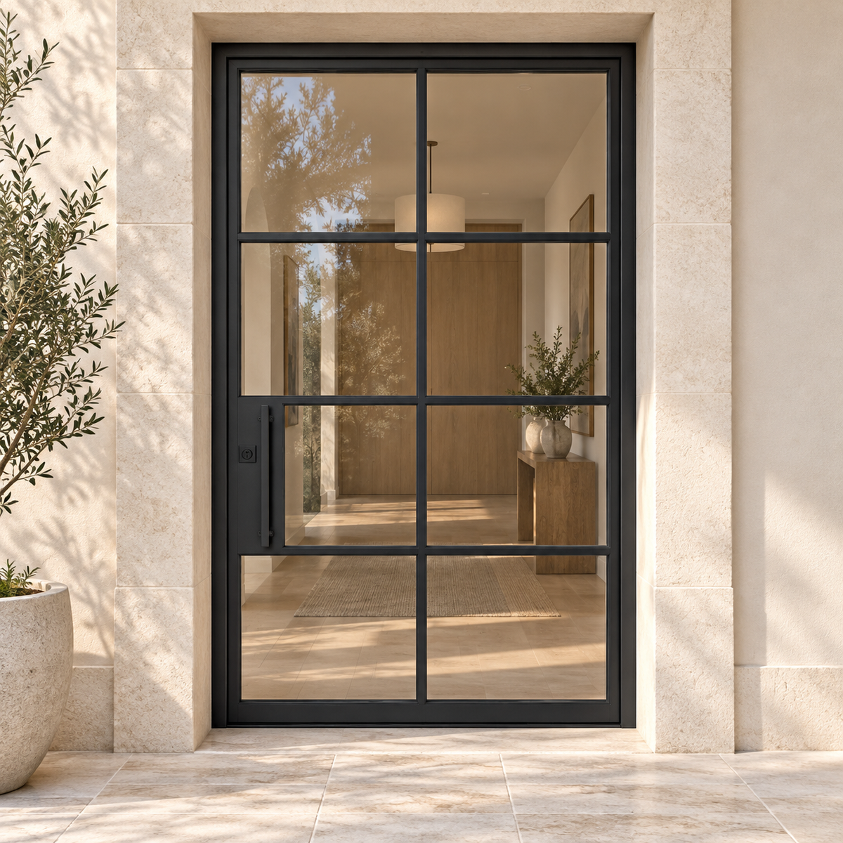 Air 5 Pivot - Flat Steel Door at a limestone luxury home entrance — product visualization
