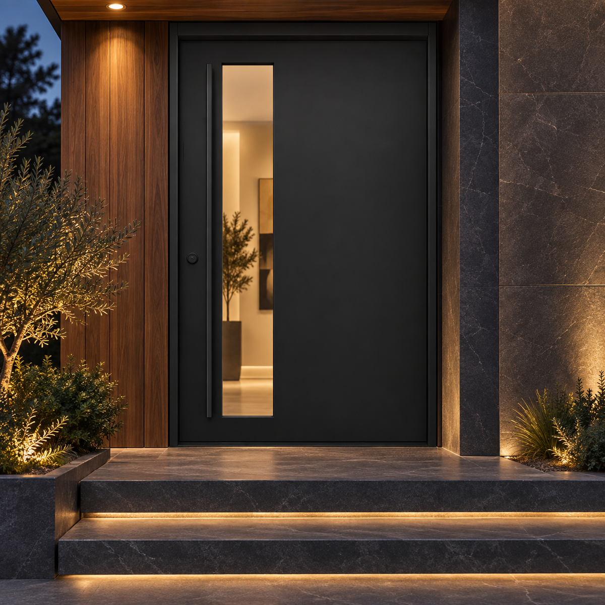 Los Angeles Pivot Steel Door at a charcoal stone entrance at dusk — product visualization