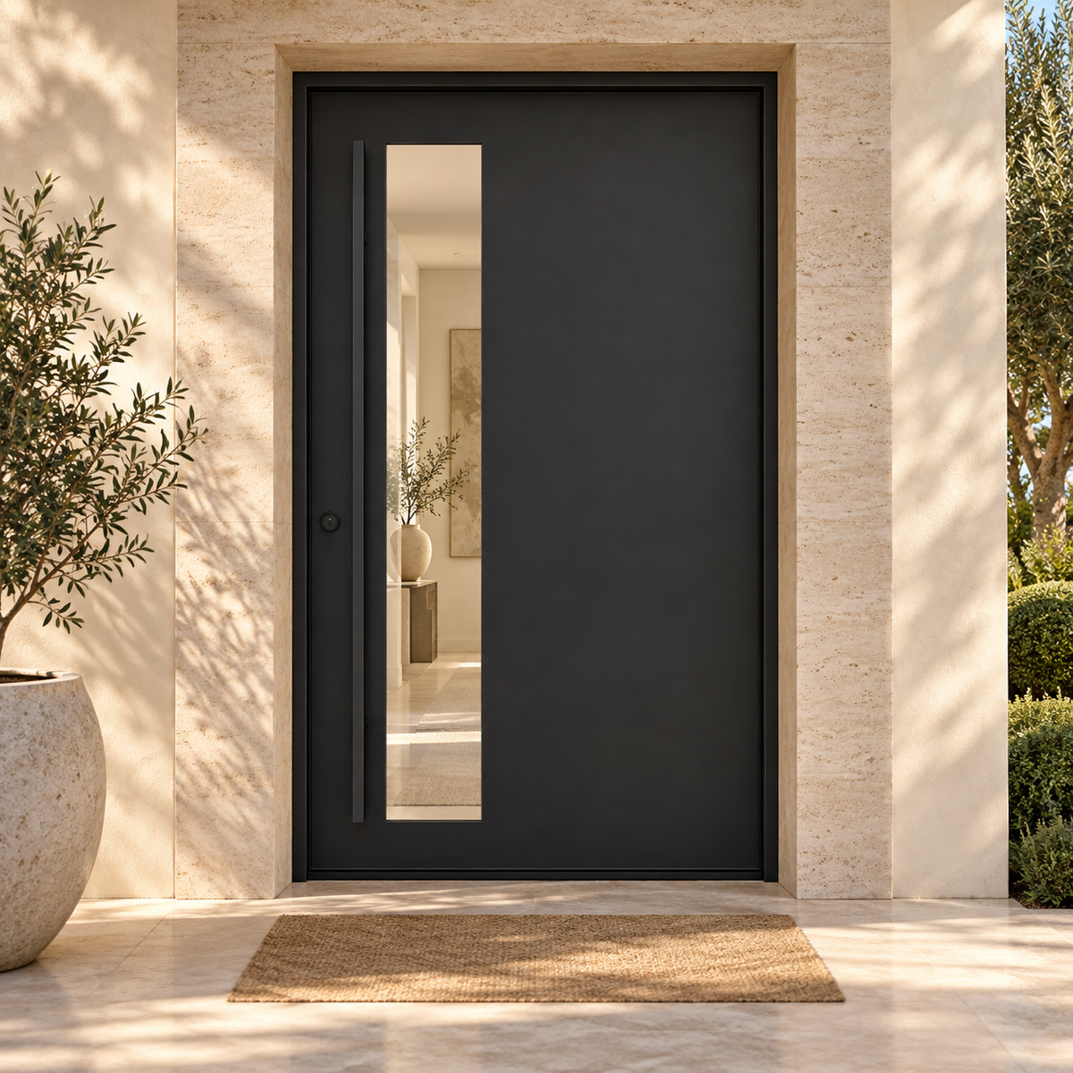 Los Angeles Pivot Steel Door at a cream stucco villa entrance — product visualization