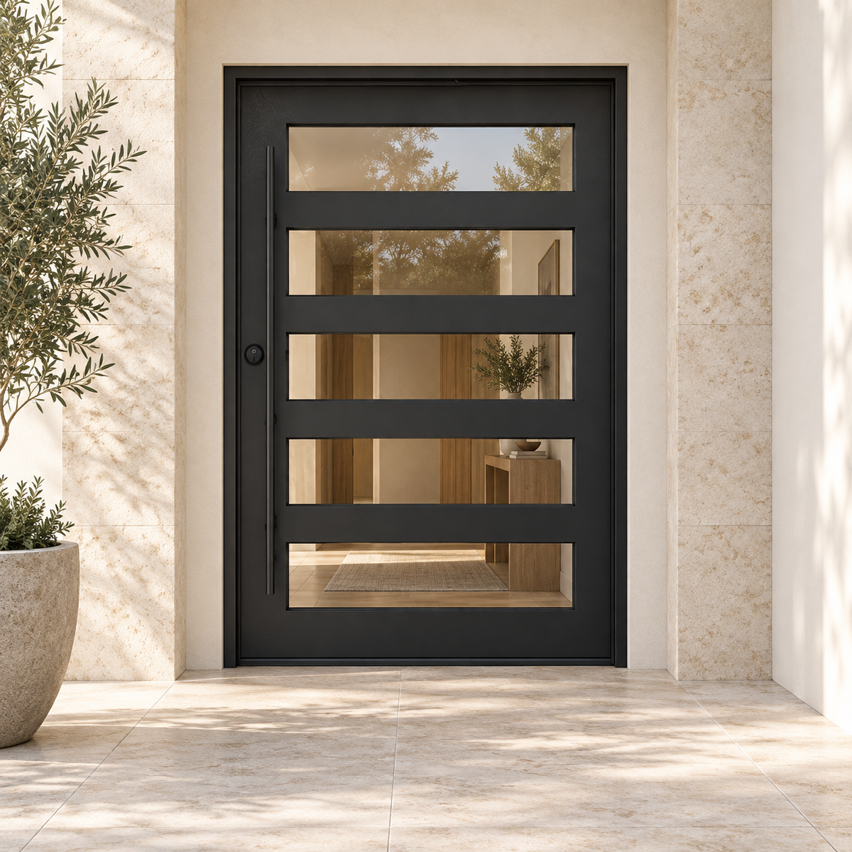Manhattan Pivot Steel Door at a limestone luxury home entrance — product visualization