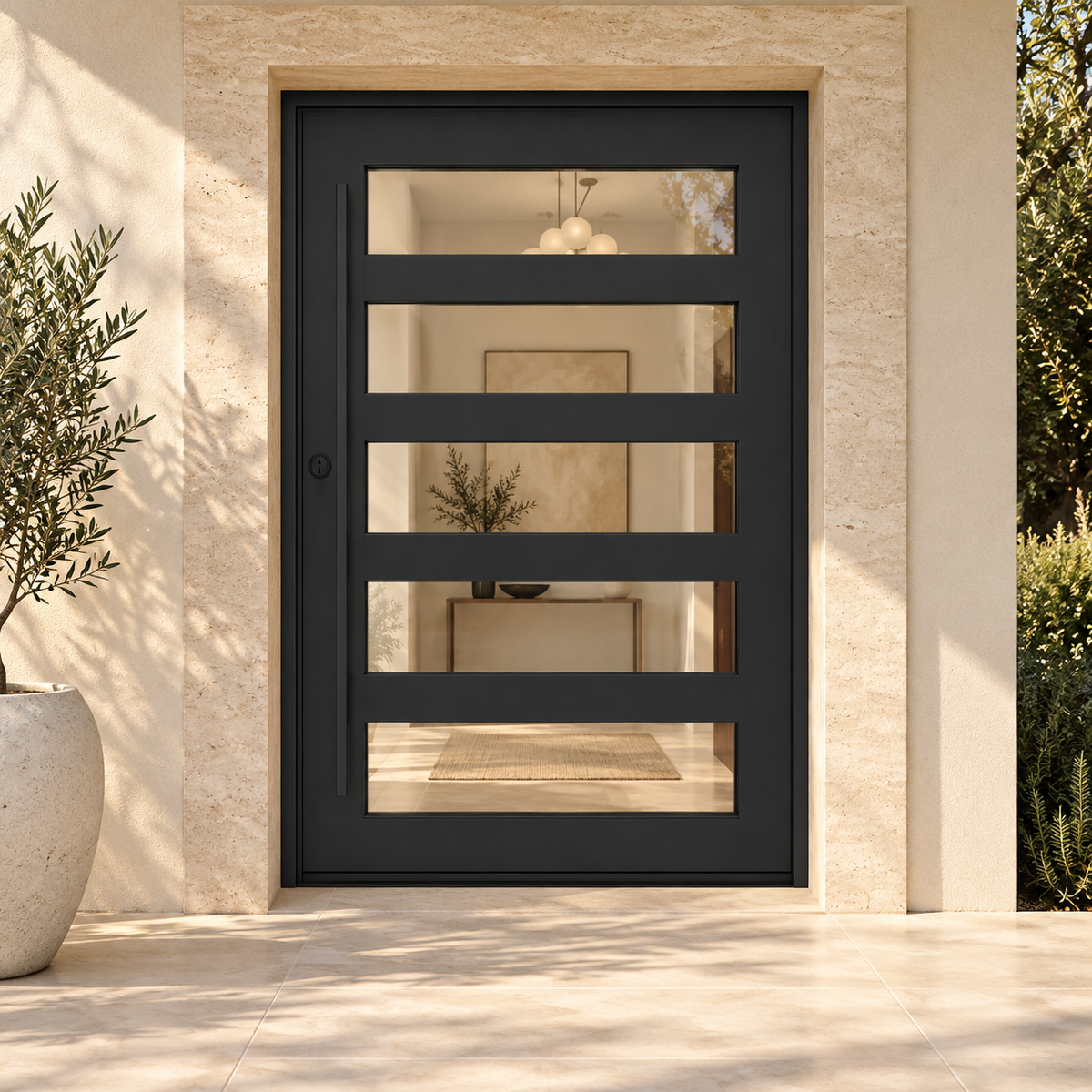 Manhattan Pivot Steel Door at a cream stucco villa entrance — product visualization