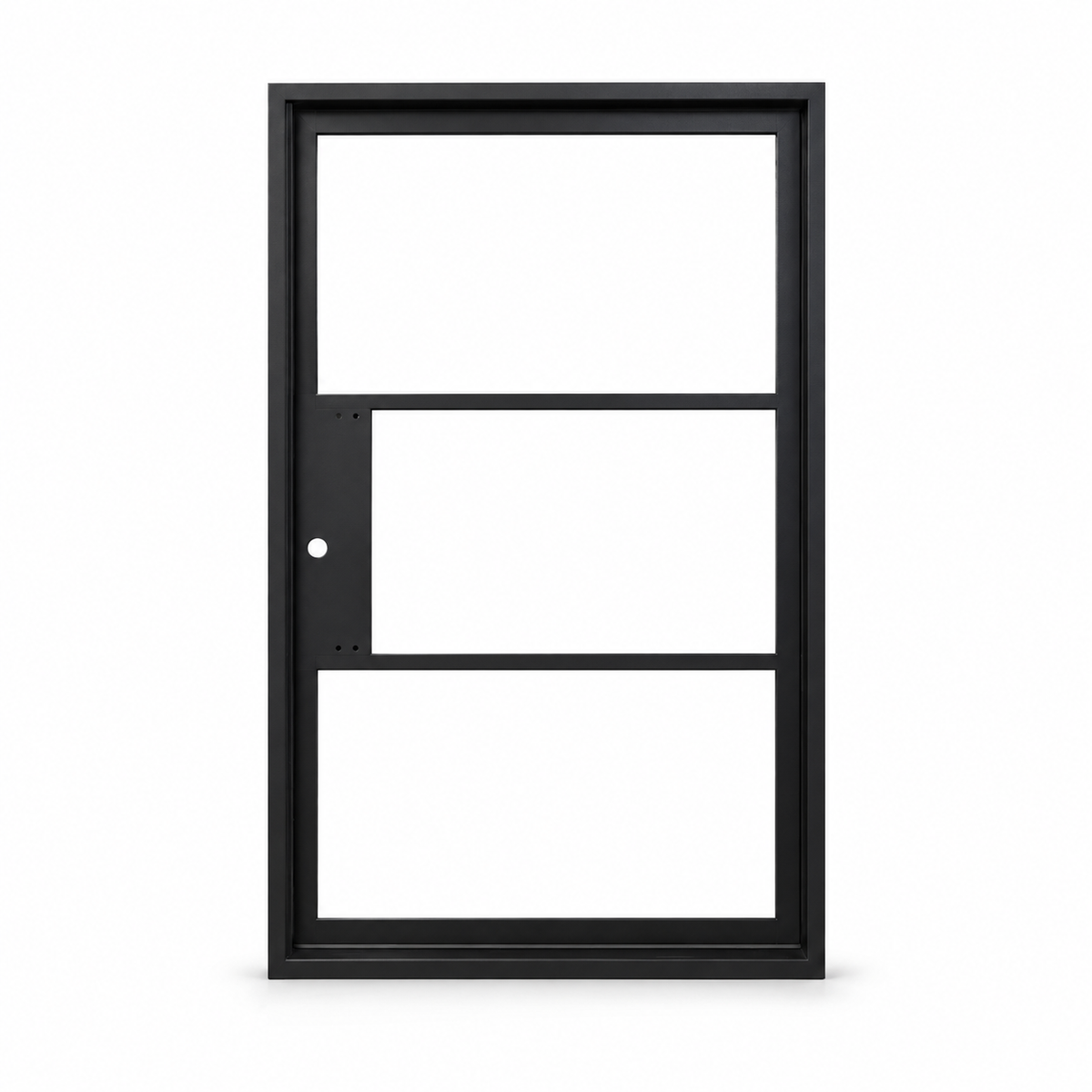 Black 3-Lite pivot steel door on a white background — product visualization