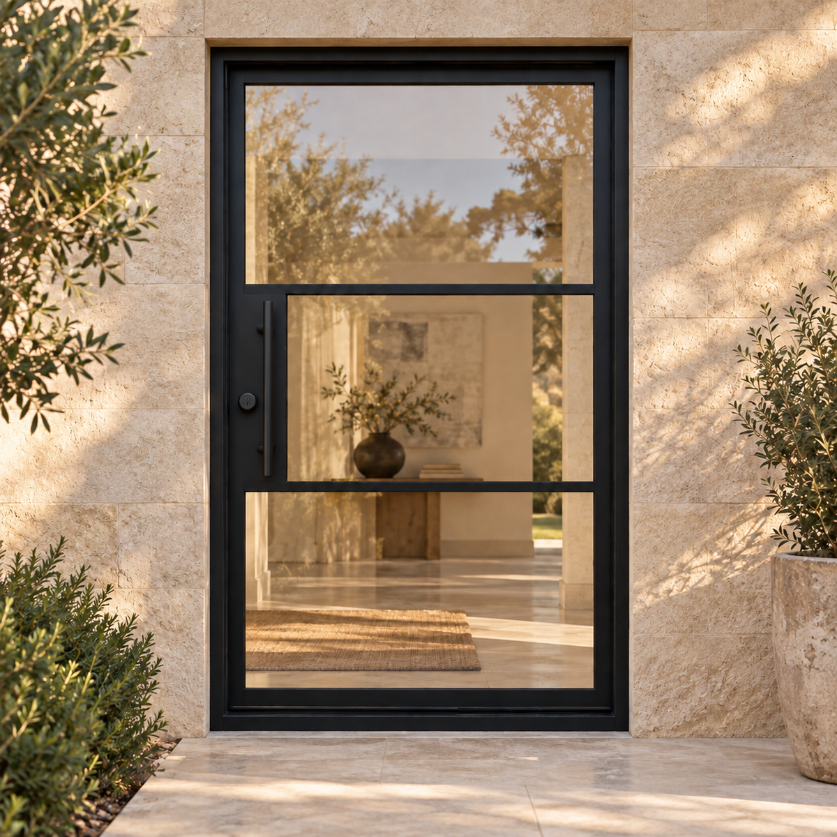 Black 3-Lite pivot steel door in a limestone courtyard entrance — lifestyle visualization