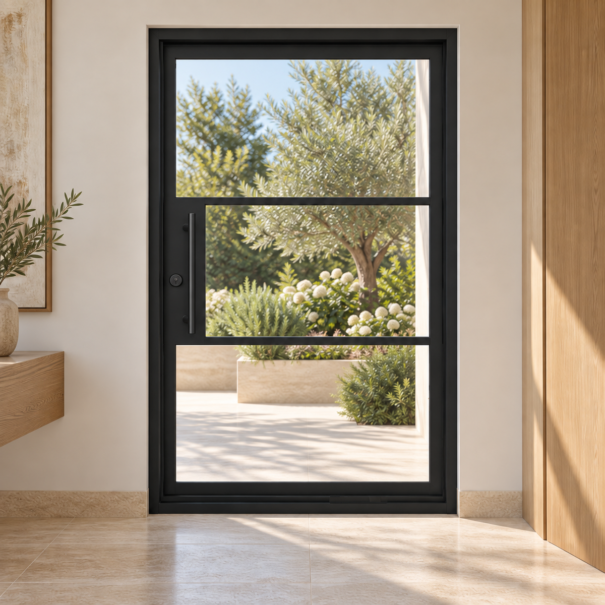 Black 3-Lite pivot steel door opening toward a landscaped terrace — lifestyle visualization