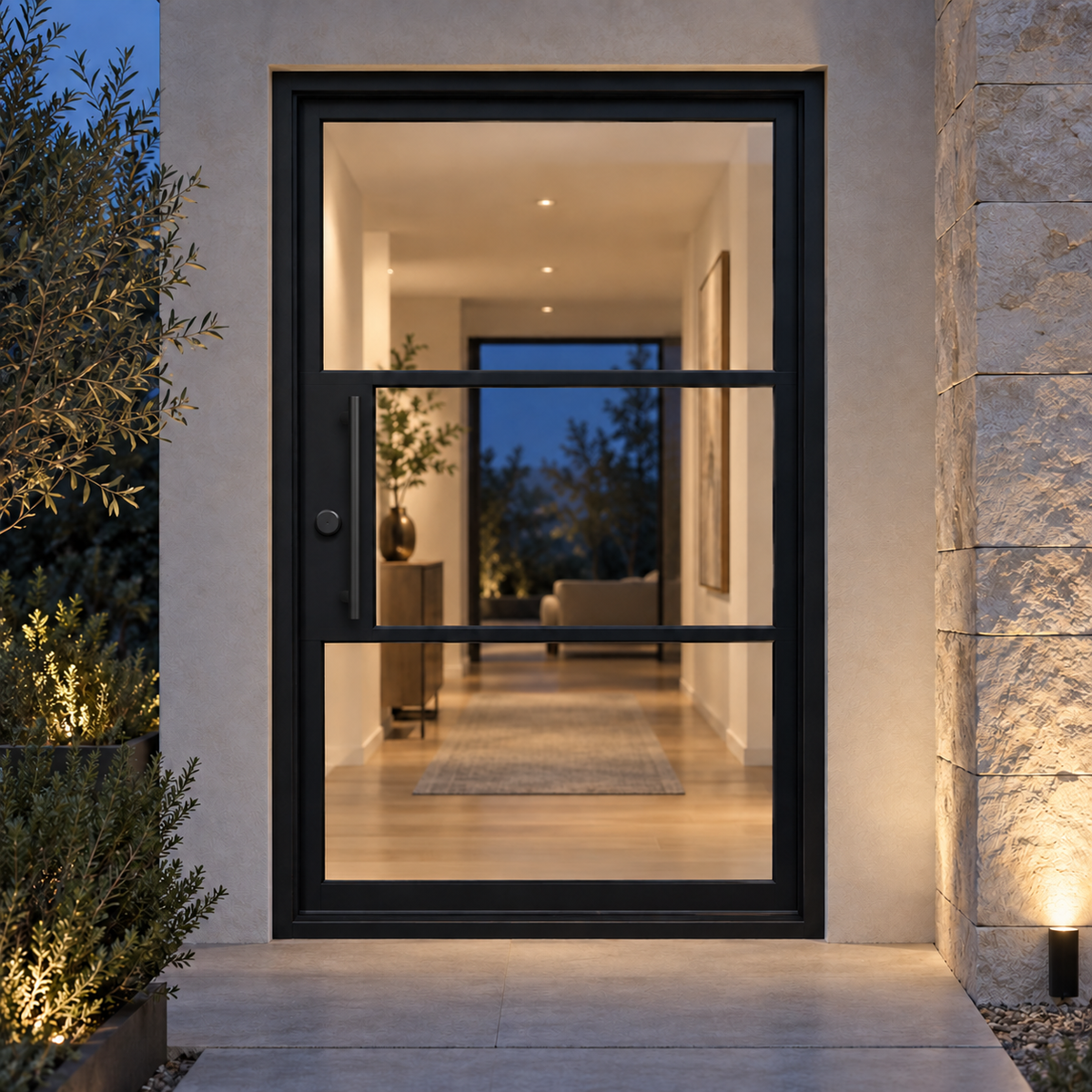Black 3-Lite pivot steel door in a warmly lit entrance at dusk — lifestyle visualization