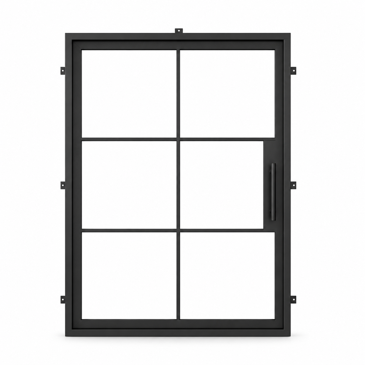 Black 6-Lite pivot steel door on a white background — product visualization
