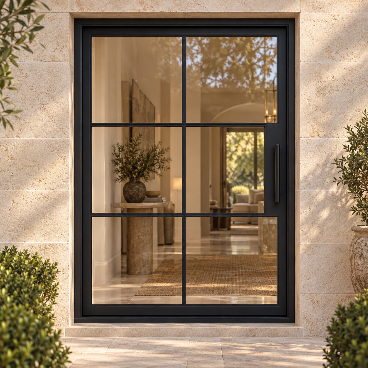 Black 6-Lite pivot steel door in a limestone courtyard entrance — lifestyle visualization
