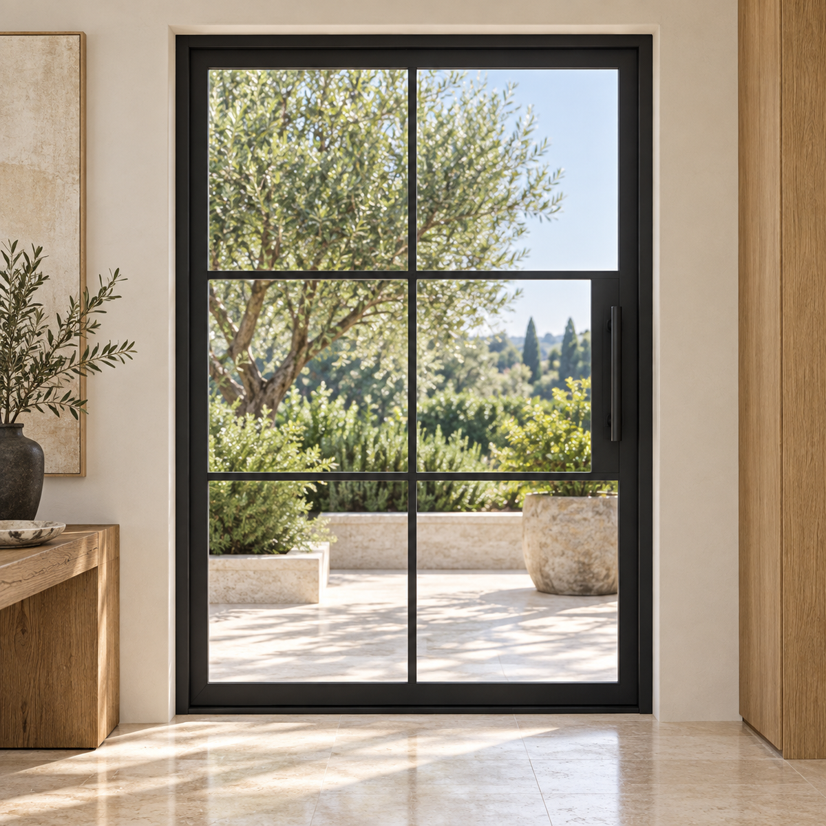 Black 6-Lite pivot steel door opening toward a landscaped terrace — lifestyle visualization