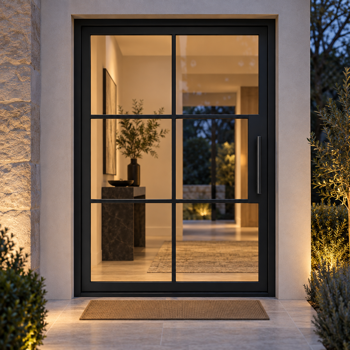 Black 6-Lite pivot steel door in a warmly lit entrance at dusk — lifestyle visualization