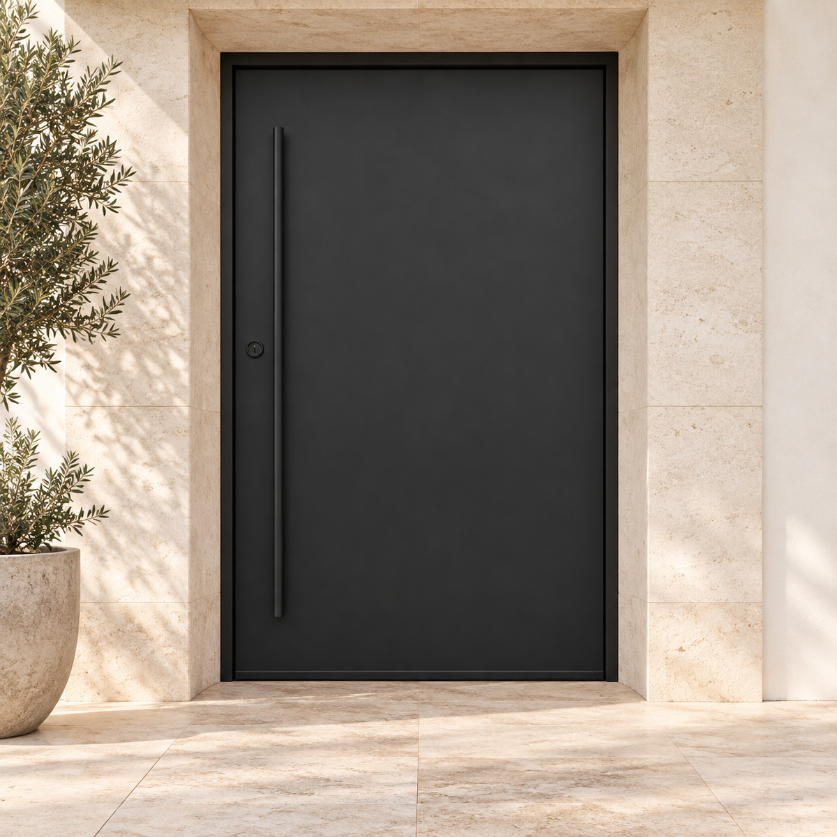 Rockford Pivot Steel Door at a limestone luxury home entrance — product visualization