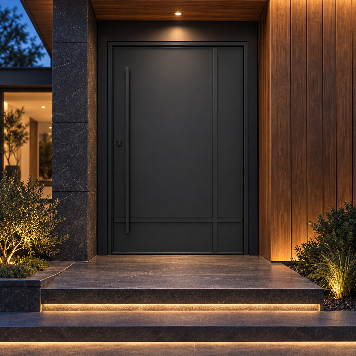 Monterrey Pivot Steel Door at a charcoal stone entrance at dusk — product visualization