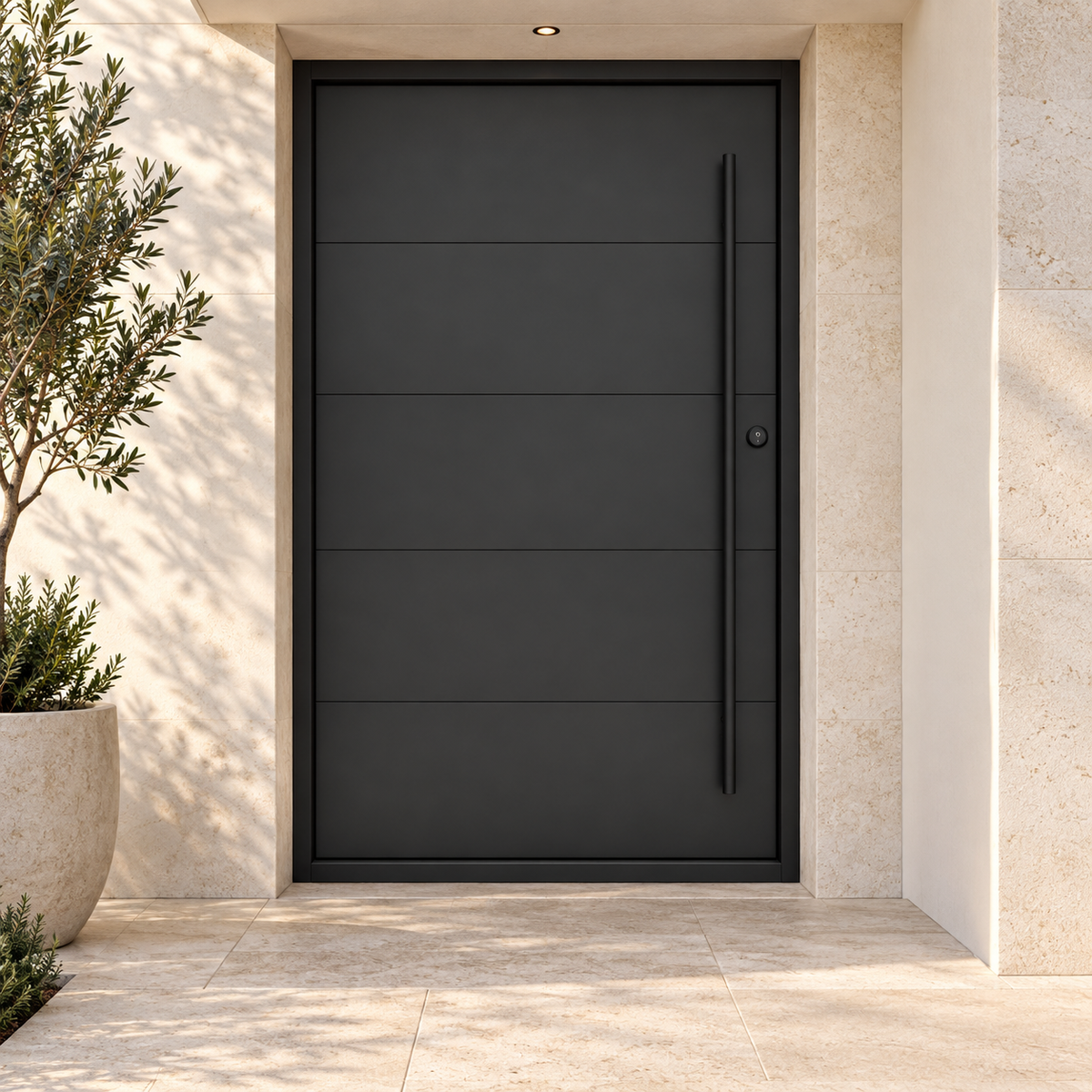 Boston Pivot Steel Door at a limestone luxury home entrance — product visualization