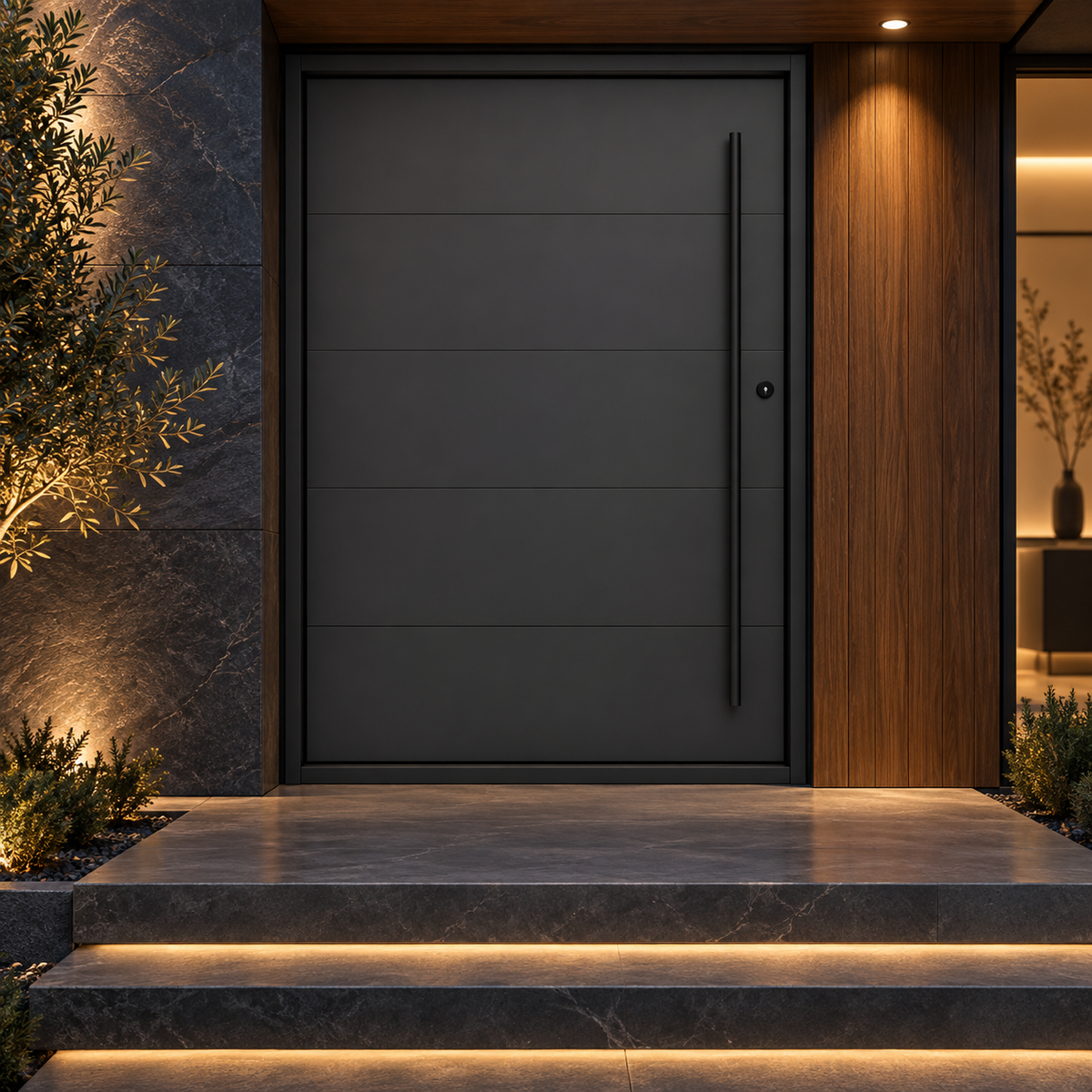 Boston Pivot Steel Door at a charcoal stone entrance at dusk — product visualization