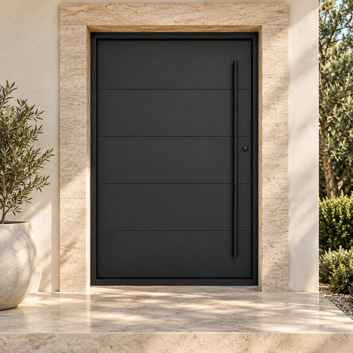 Boston Pivot Steel Door at a cream stucco villa entrance — product visualization