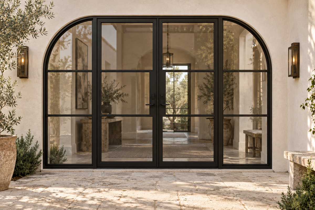 Radius 3 Lite Double Steel Door with Sidelights — courtyard product visualization