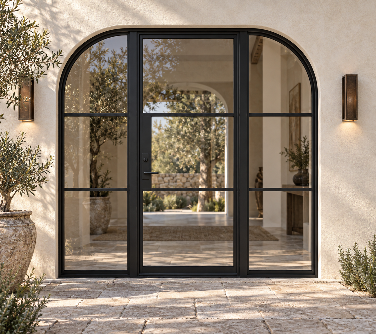 Radius 3 Lite Single Steel Door with Curved Sidelights — courtyard product visualization