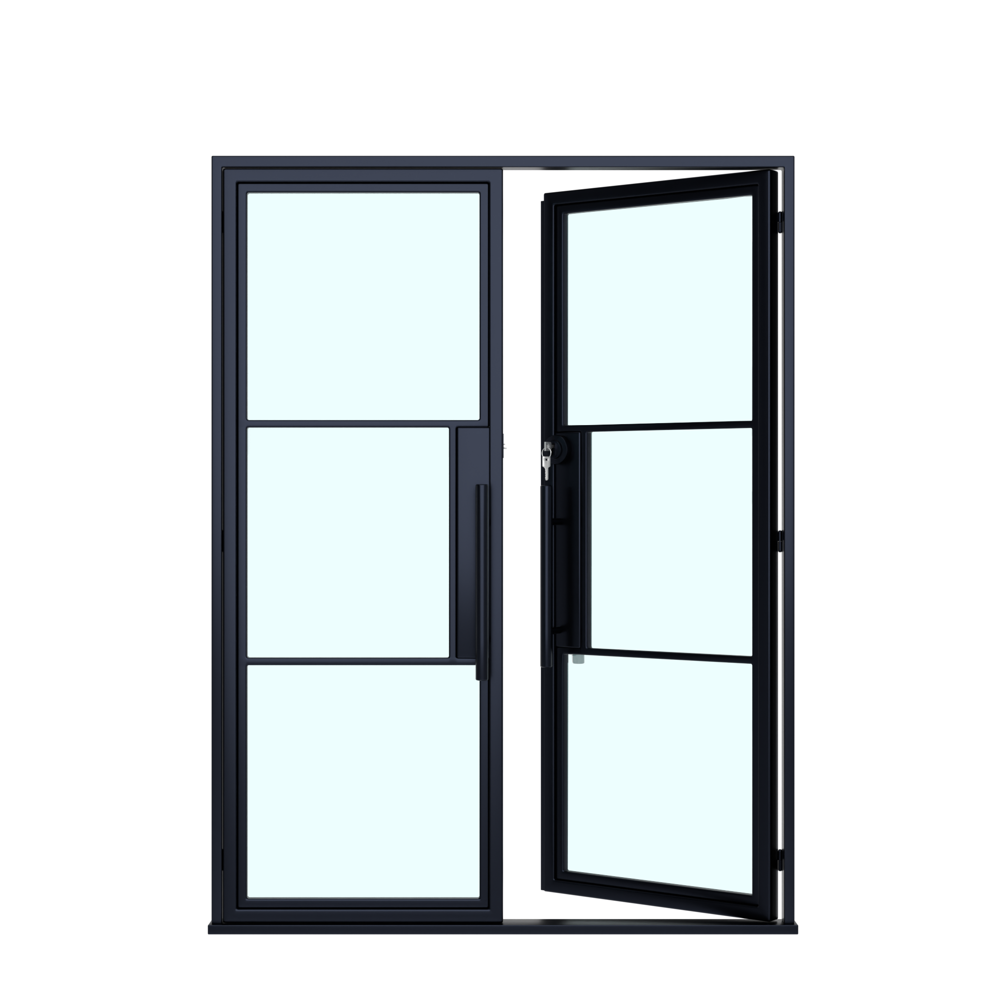 Double-hung window with one pane open on a white background