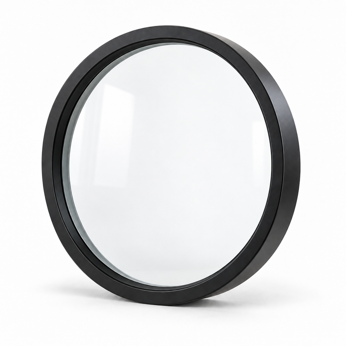Round fixed steel window, studio setting — architectural visualization