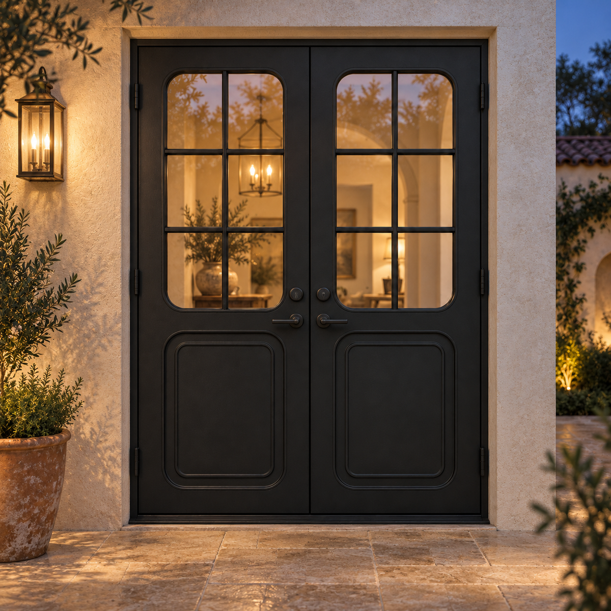 Rounded 6 Lite Double Steel Door — evening AI-generated product visualization
