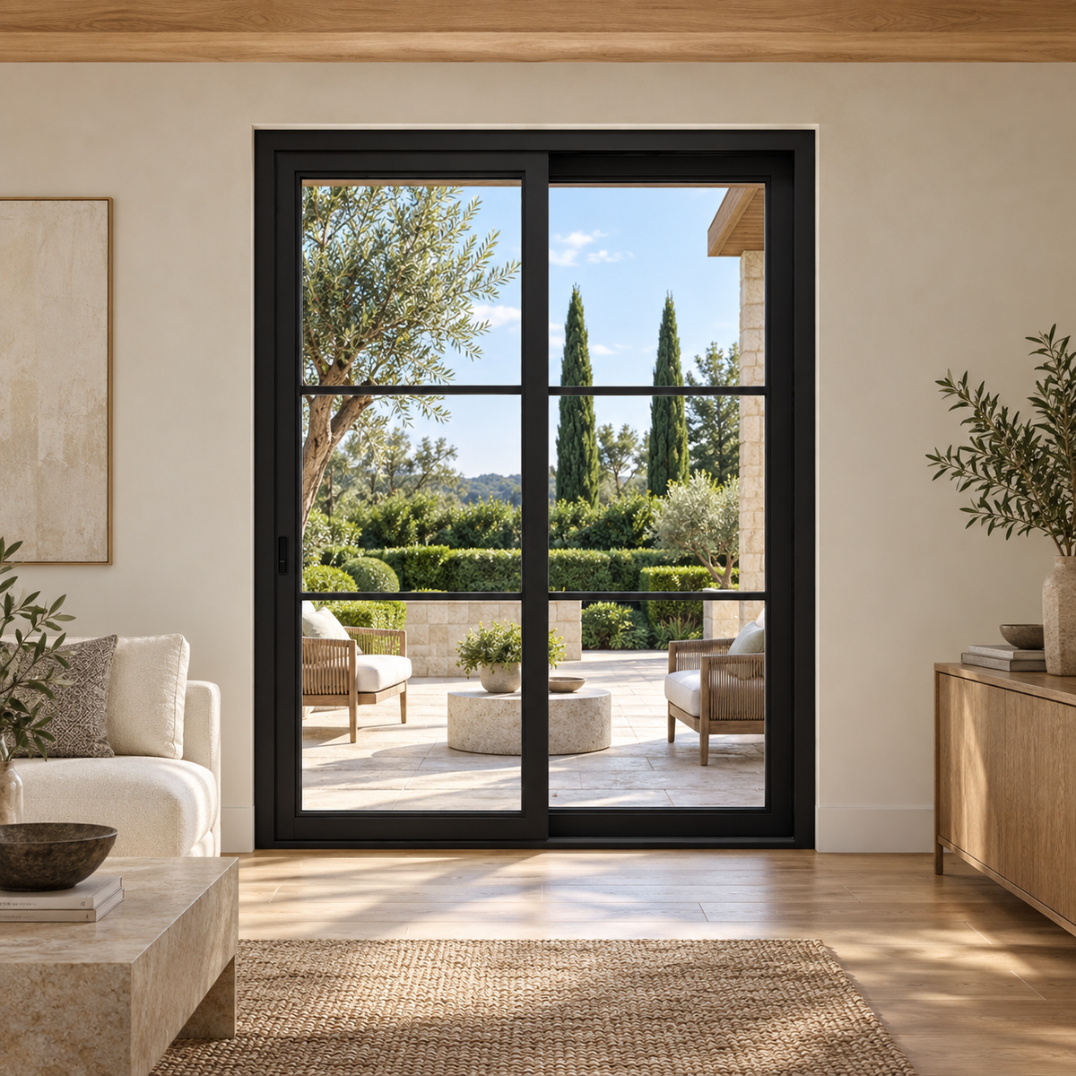 Black two-panel steel sliding door with three stacked glass lites per panel between an ivory living room and garden terrace — lifestyle visualization