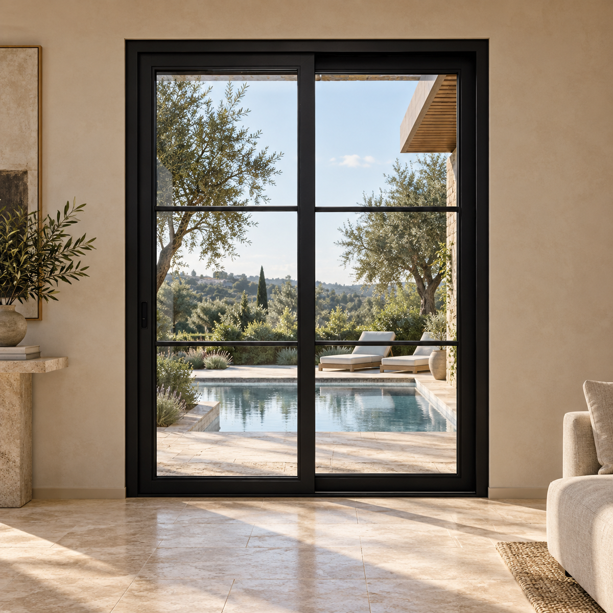 Black two-panel steel sliding door with three stacked glass lites per panel overlooking a luxury travertine pool terrace — lifestyle visualization