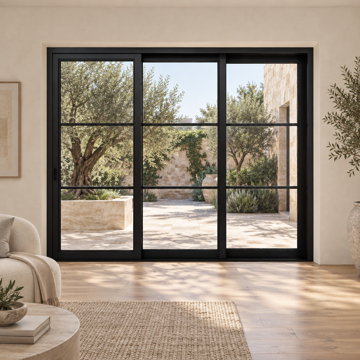 3-lite 3-panel black steel sliding door in an ivory sitting room overlooking an olive courtyard — lifestyle visualization