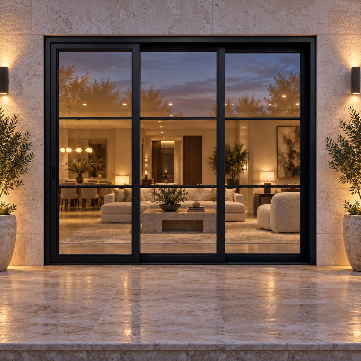 3-lite 3-panel black steel sliding door on a limestone terrace at blue hour — lifestyle visualization