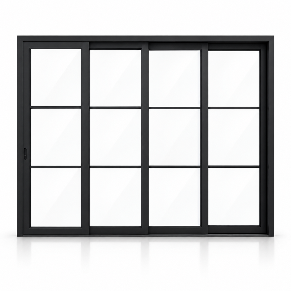 3-lite 4-panel black steel sliding door on white background — product visualization
