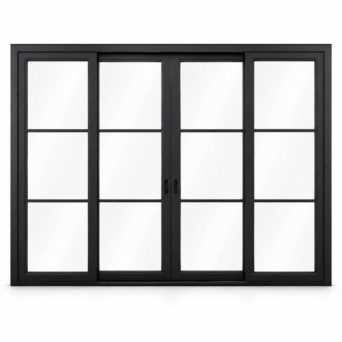 3-lite 4-panel center-opening black steel sliding door on white background — product visualization