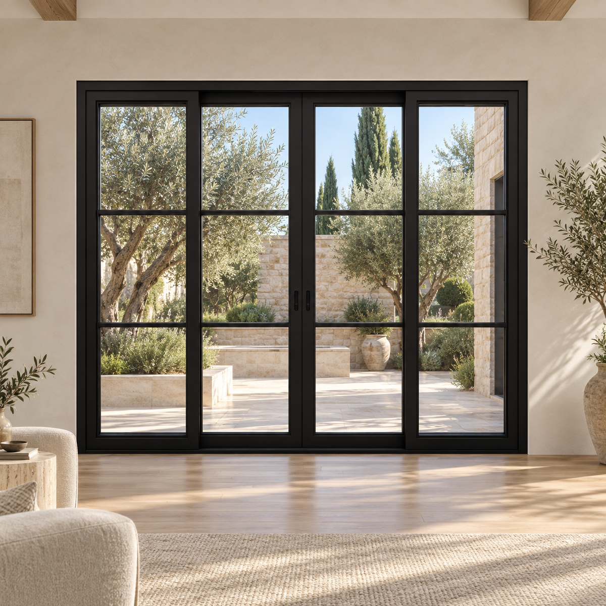 3-lite 4-panel center-opening black steel sliding door in an ivory sitting room overlooking an olive courtyard — lifestyle visualization