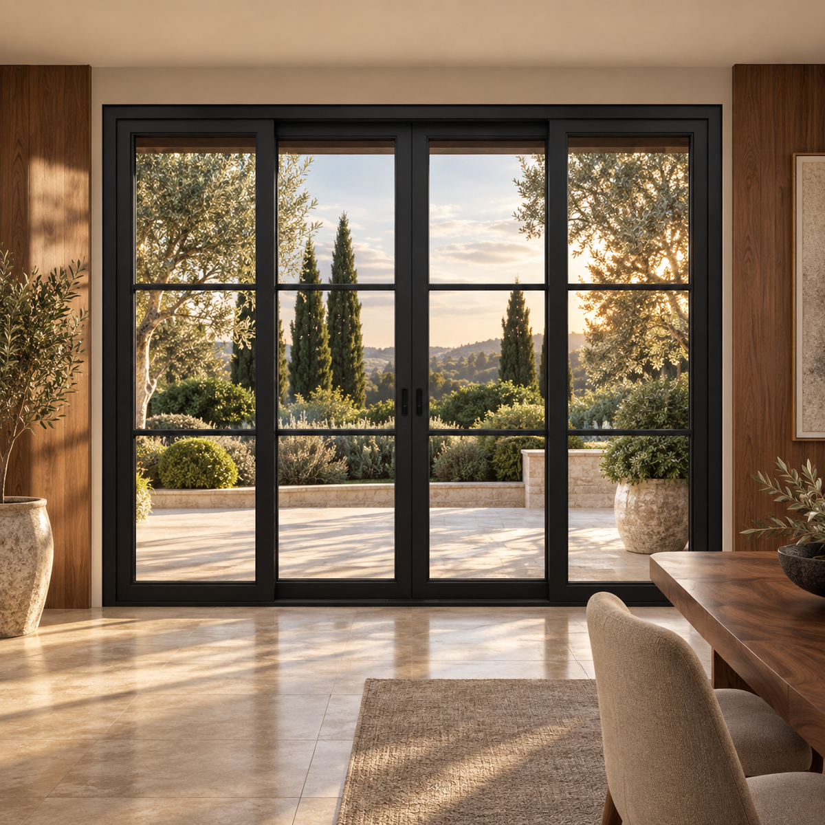 3-lite 4-panel center-opening black steel sliding door in a walnut dining room overlooking a terrace — lifestyle visualization