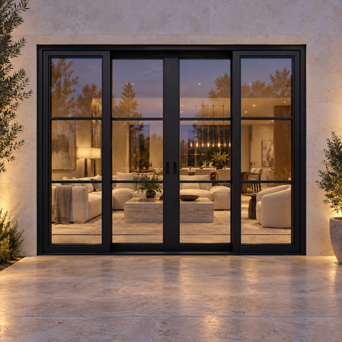 3-lite 4-panel center-opening black steel sliding door on a limestone terrace at blue hour — lifestyle visualization