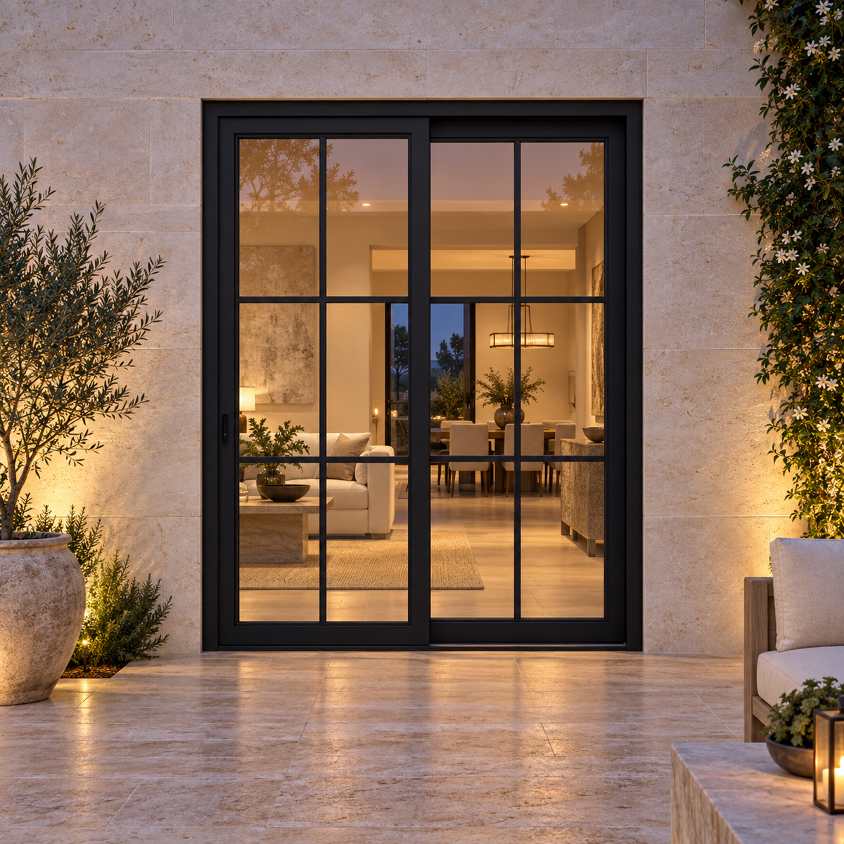 6-lite 2-panel black steel sliding door on a limestone terrace at blue hour — lifestyle visualization