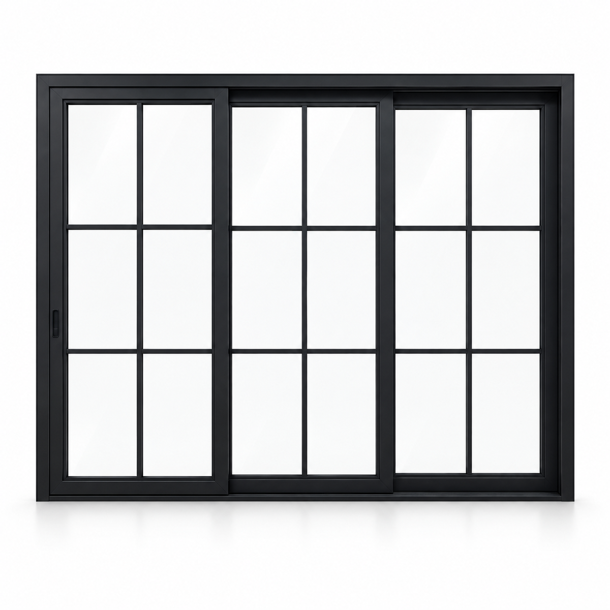 6-lite 3-panel black steel sliding door on white background — product visualization