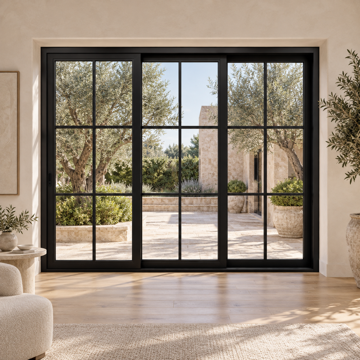 6-lite 3-panel black steel sliding door in an ivory sitting room overlooking an olive courtyard — lifestyle visualization